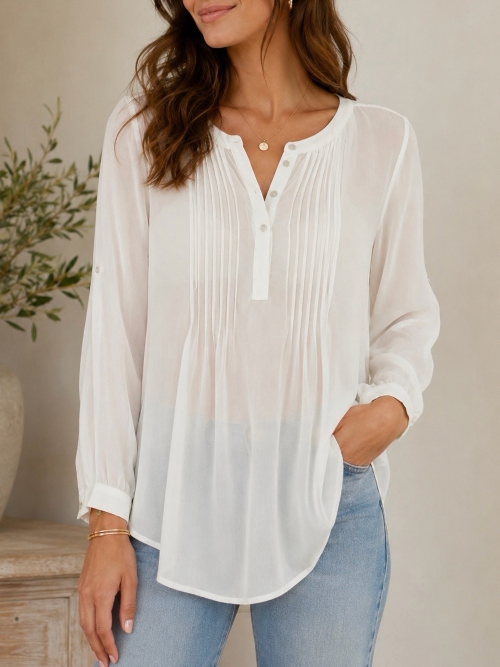 Daniel Rainn Pleated Semi Sheer Roll Tab Sleeve Tunic Blouse